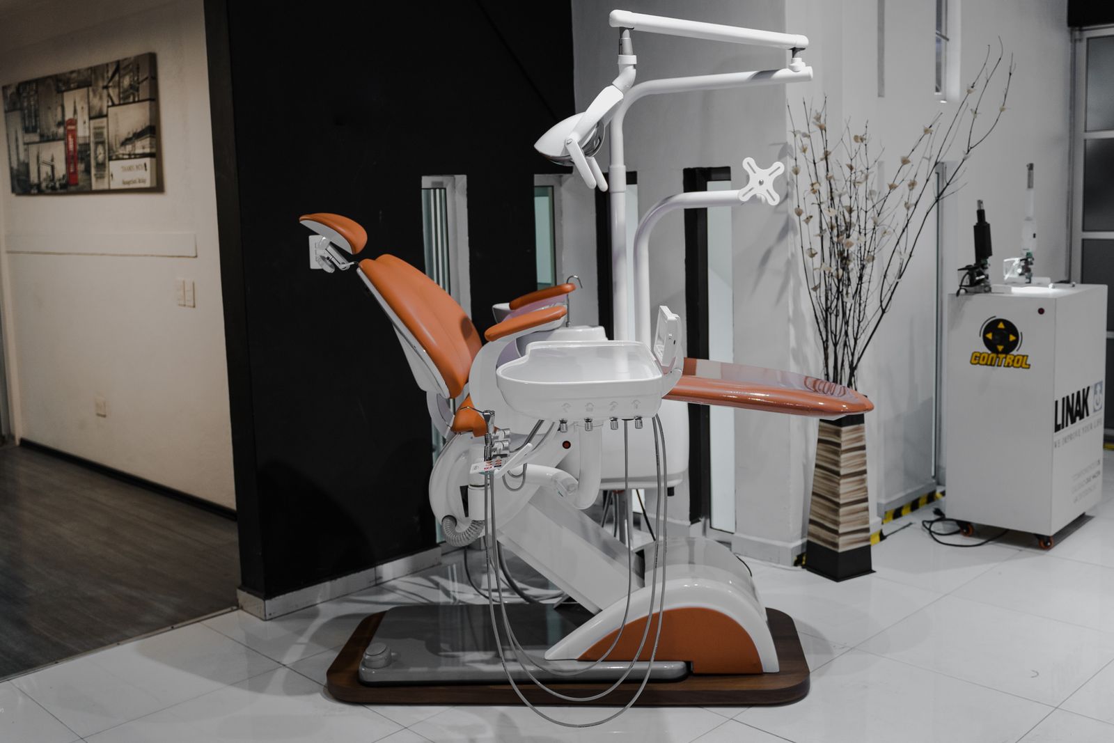 Stock photo of a modern dental treatment room with no people shown